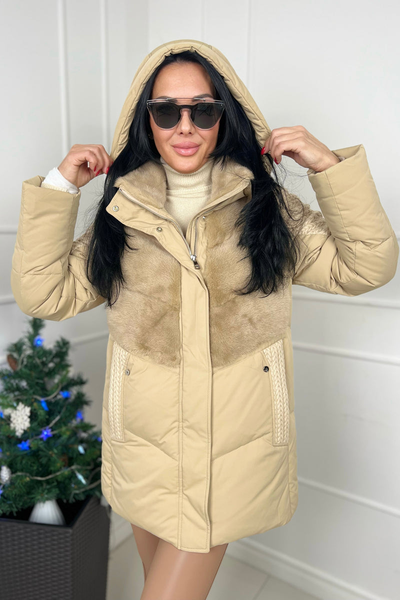 Down jacket with hood and mink
